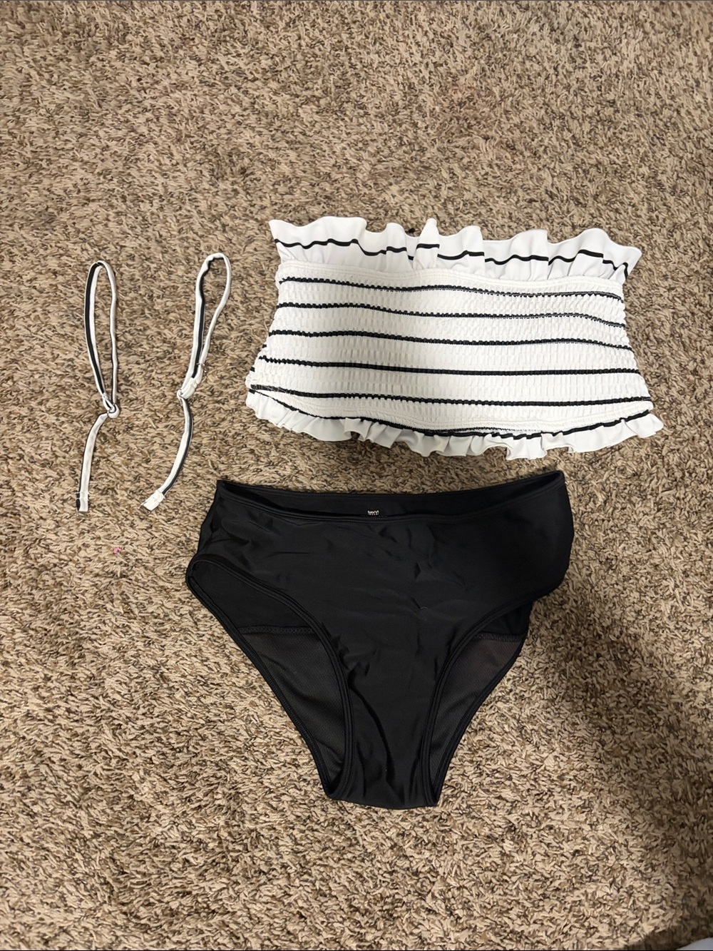 Striped Ruffle Bandeau Bikini Top with Black Bottoms